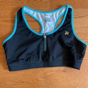 FILA SPORTS BRA ATHLETIC RAZOR BACK BLACK BLUE TRIMMED WOMEN'S SIZE LARGE
